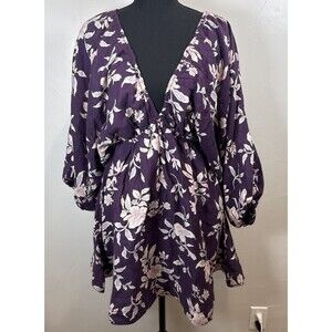 Free People Portia Printed Mini Dress Womens Small Purple Floral Linen Blend NWT